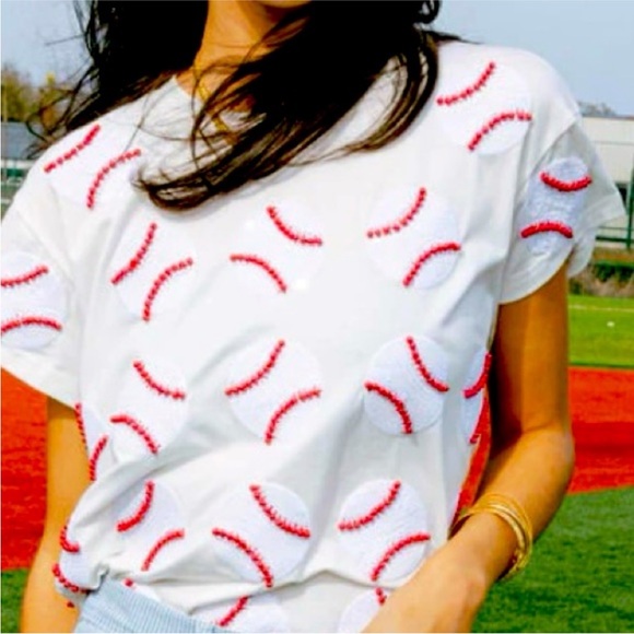 Queen Of Sparkles Scattered Baseball Tee Shirt Top Sequin Ball Sports White - Picture 3 of 11